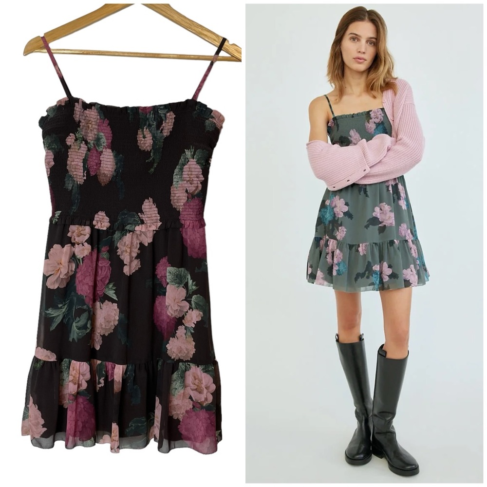 Aritzia Floral Smocked Mini Dress — Black with Pink & Green Florals